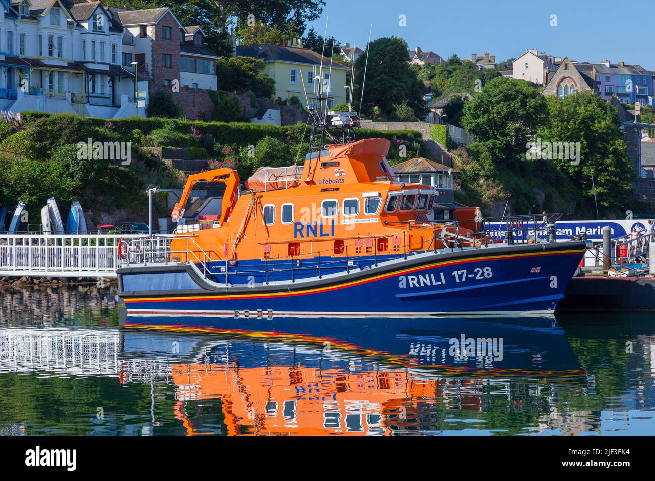 Europe, UK, England, Devon, Torbay, Brixham Marina with Moored Lifeboat RNLI 17-28 'Alec and Christina Dykes' Stock Photo