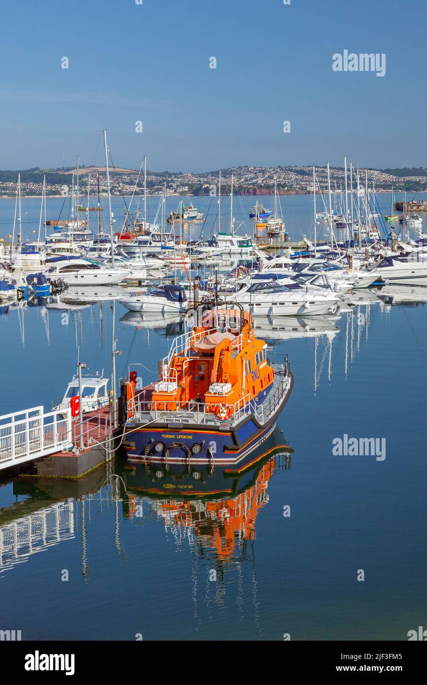 Europe, UK, England, Devon, Brixham Marina with Moored Torbay Lifeboat RNLI 17-28 'Alec and Christina Dykes' Stock Photo