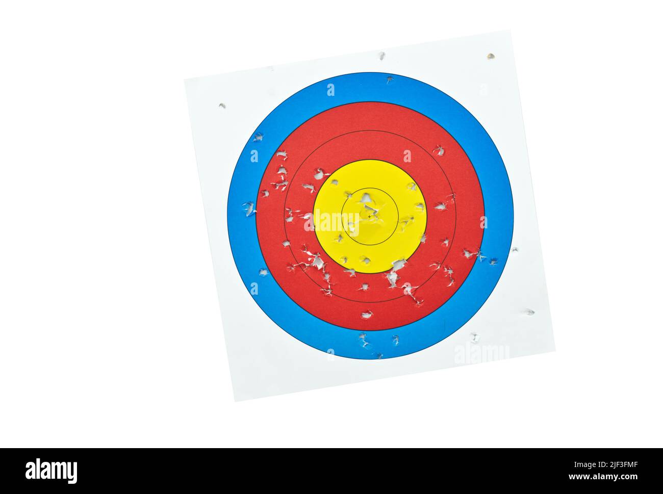 Archery target bow sheet with many small holes from arrow shooting, isolated archery paper sheet with marks of arrow hitting on white background. Stock Photo