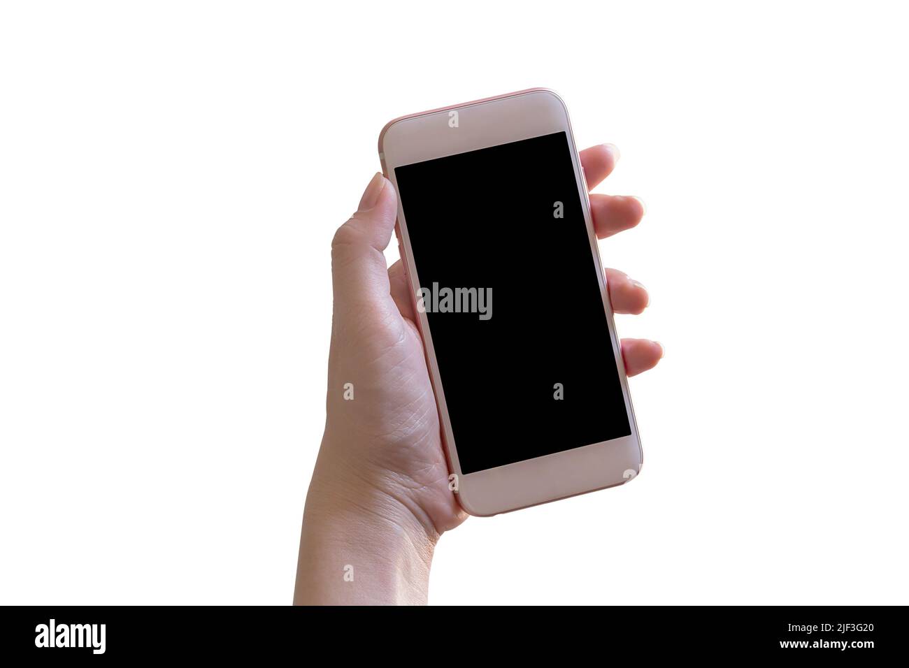 Hand holding mobile smart phone with blank screen isolated on white ...