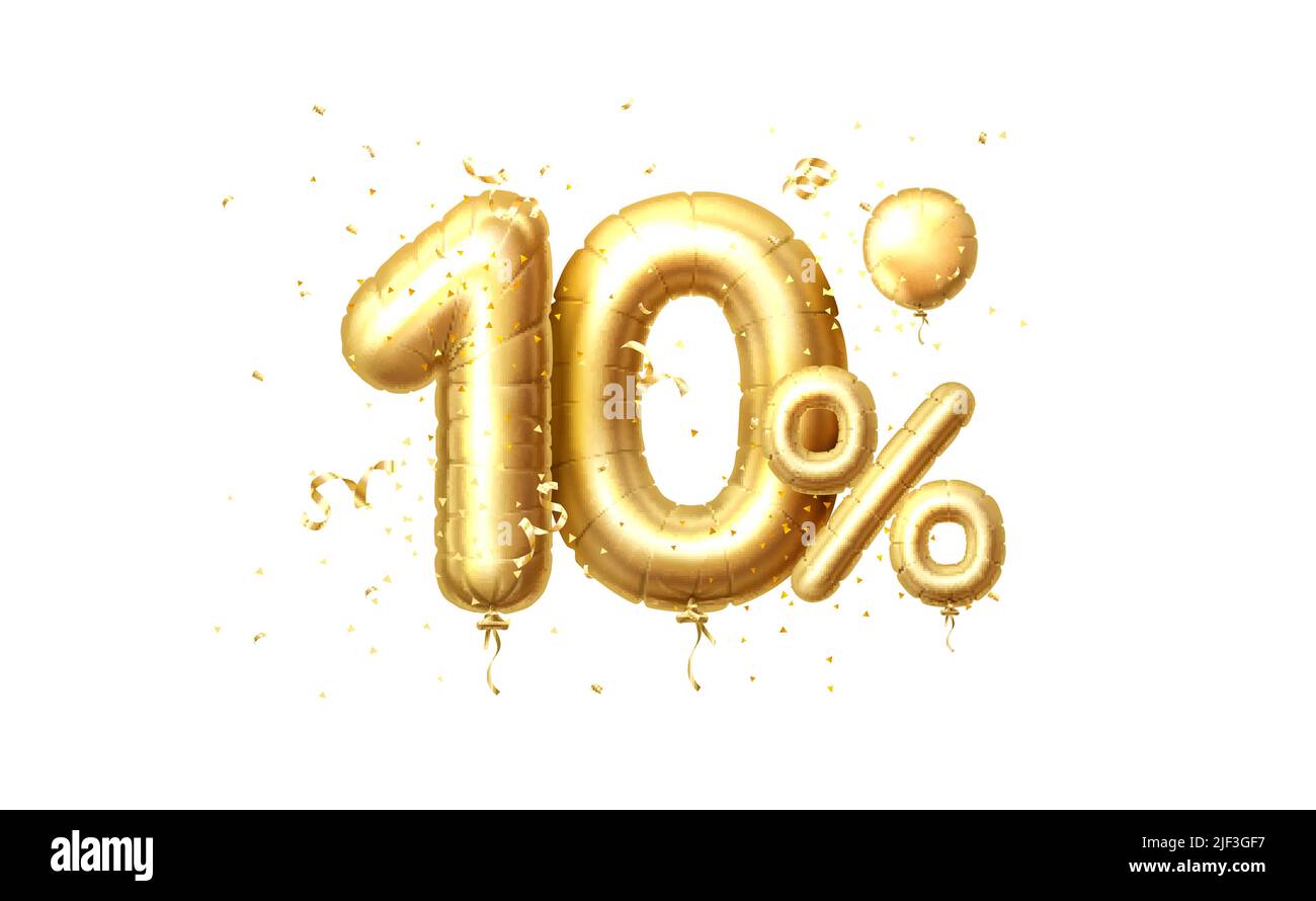 10 Off balloons, discount sale, balloon in the form of a digit, golden confetti. Vector illustration. Stock Vector