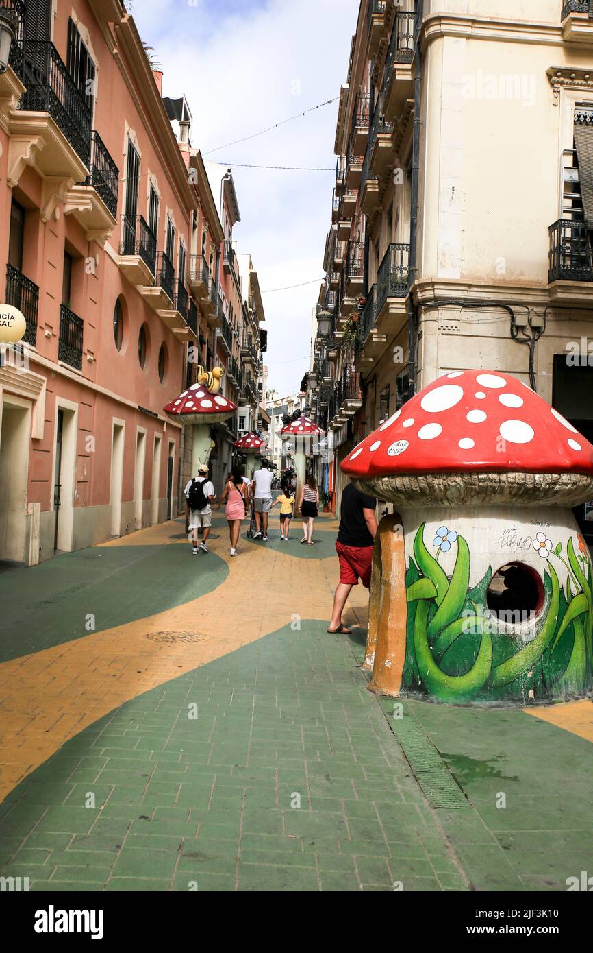 Alicante, Spain June 26, 2022 The famous 'Mushroom street' in
