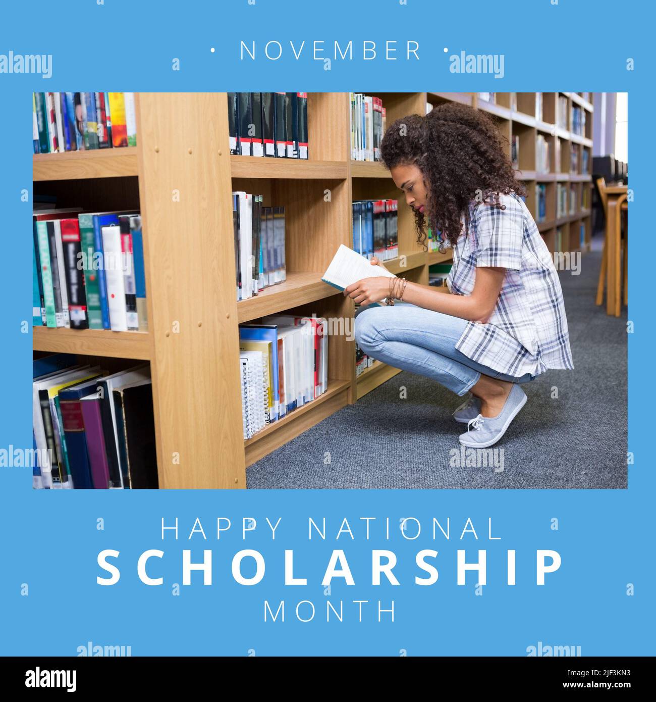 Composite of biracial young woman reading book and november with happy national scholarship month Stock Photo