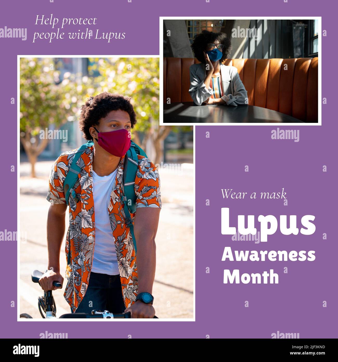 Collage of multiracial man and woman wearing masks and help people with lupus, wear a mask text Stock Photo