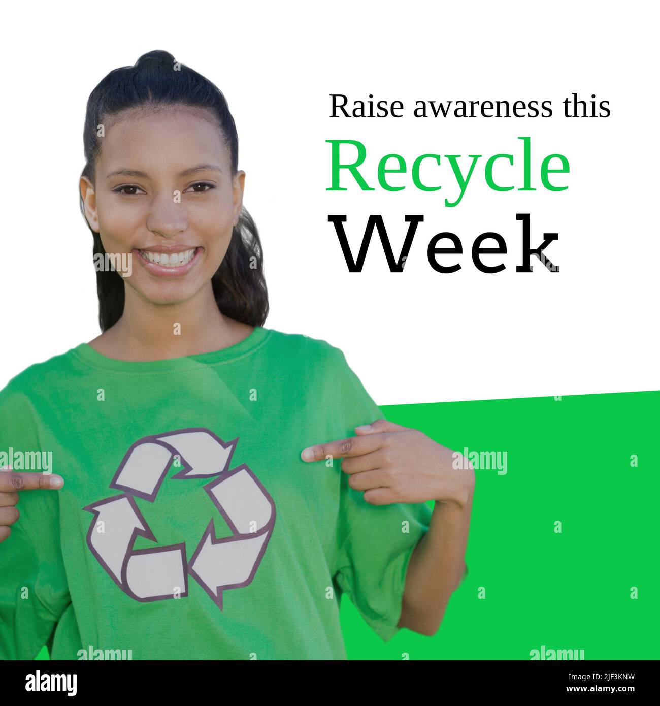 Digital composite portrait of asian young woman with raise awareness this recycle week text Stock Photo