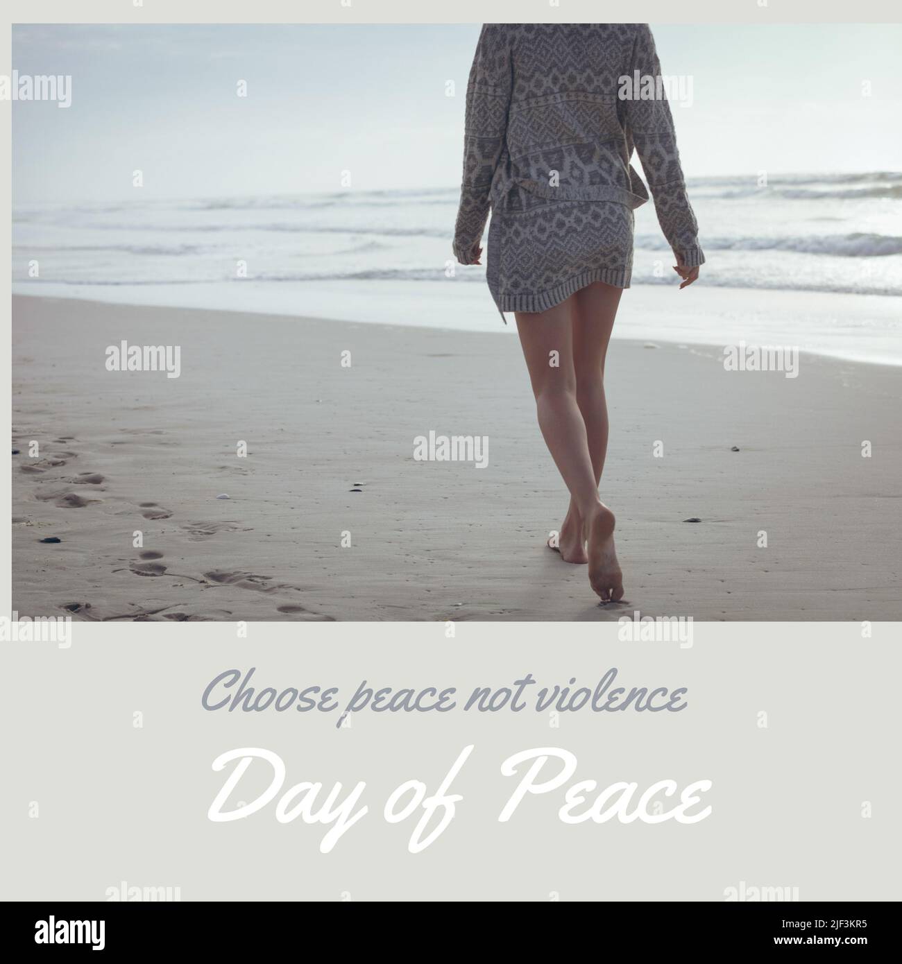 Digital composite image of caucasian young woman walking at beach, day of peace text Stock Photo