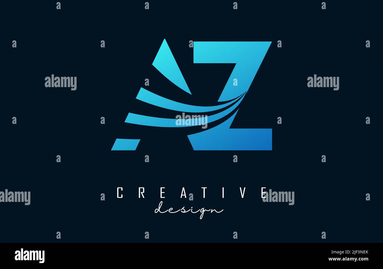 Creative blue letter AZ A Z logo with leading lines and road concept ...