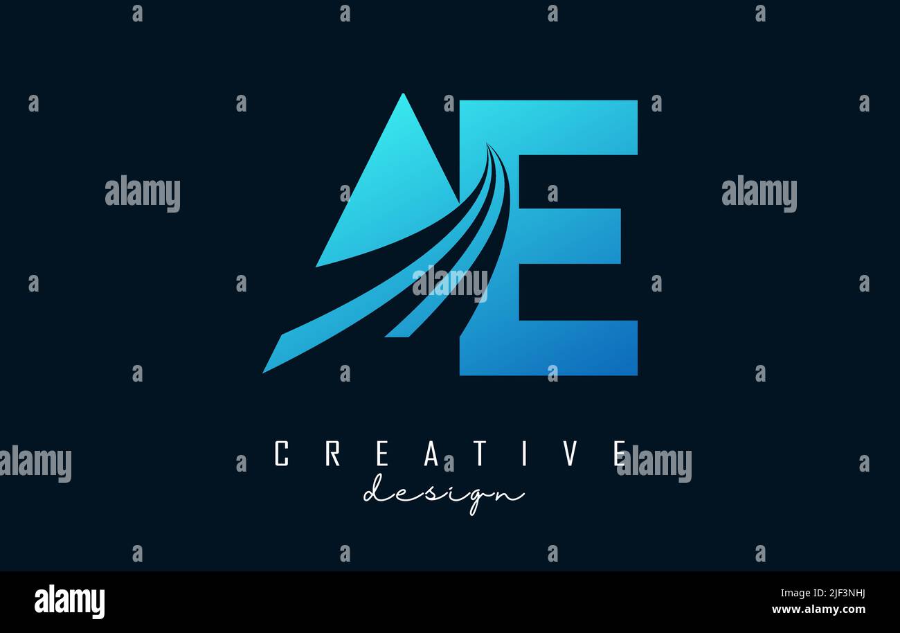 Creative blue letter AE a e logo with leading lines and road concept ...
