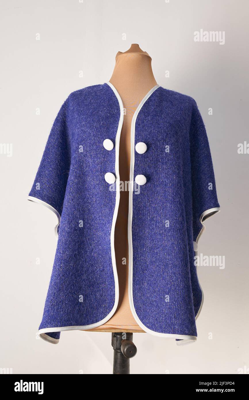 Blue wool jacket with white buttons, natural fabric Stock Photo