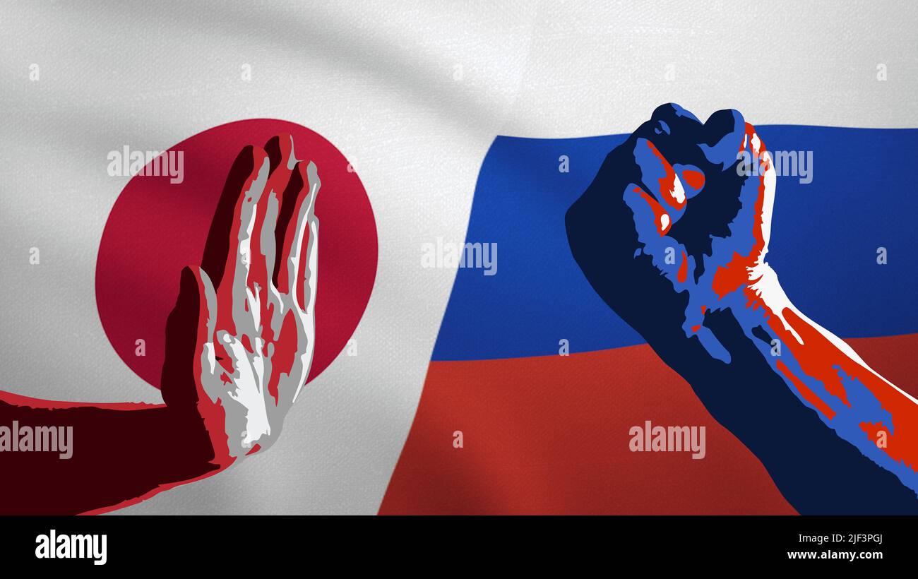 Stop gesture and fist sign - Japan flag and Russia flags Stock Photo