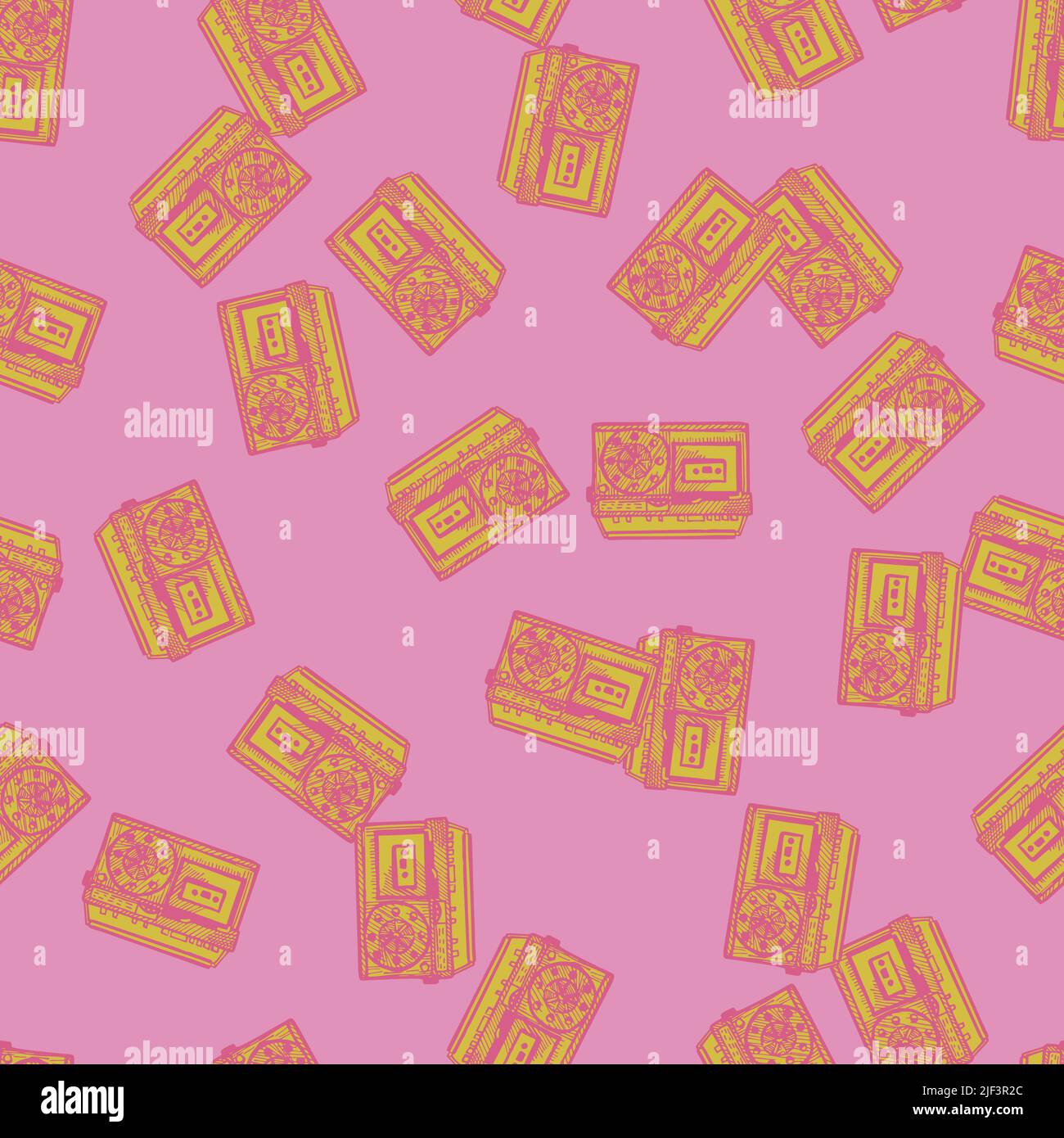 Retro radio engraved seamless pattern. Vintage media equipment in hand