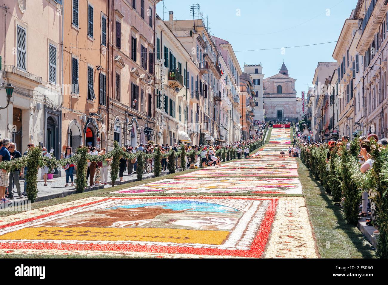 GENZANO, ITALY - JUNE 19: flower festival the Infiorata di Genzano on June 18, 2022 in Genzano, Italy, the magnificent flowery carpet made of petals Stock Photo