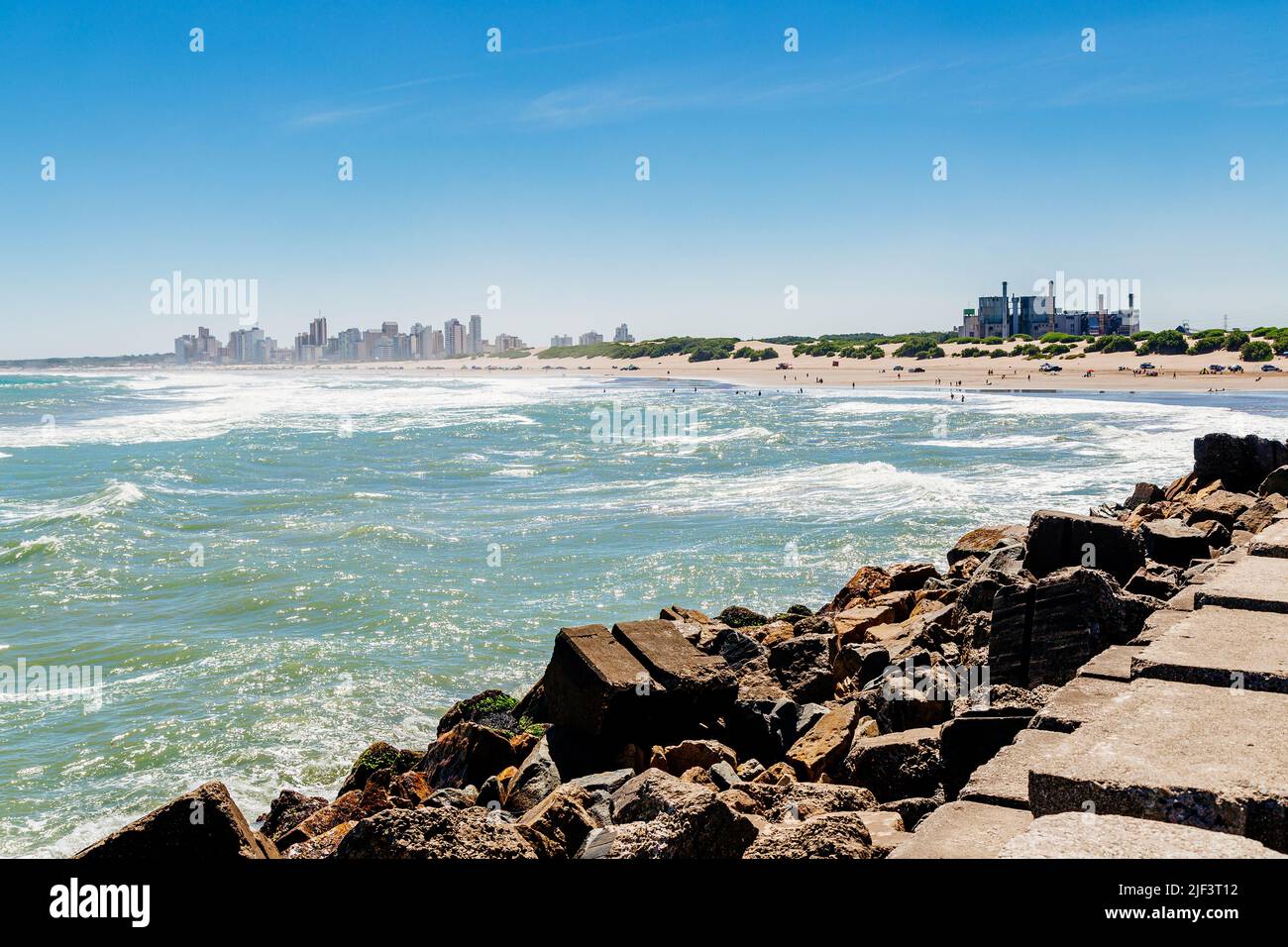 Necochea city, Buenos Aires, Argentina. Skyline view of the town and the beach from the harbor pier. Stock Photo