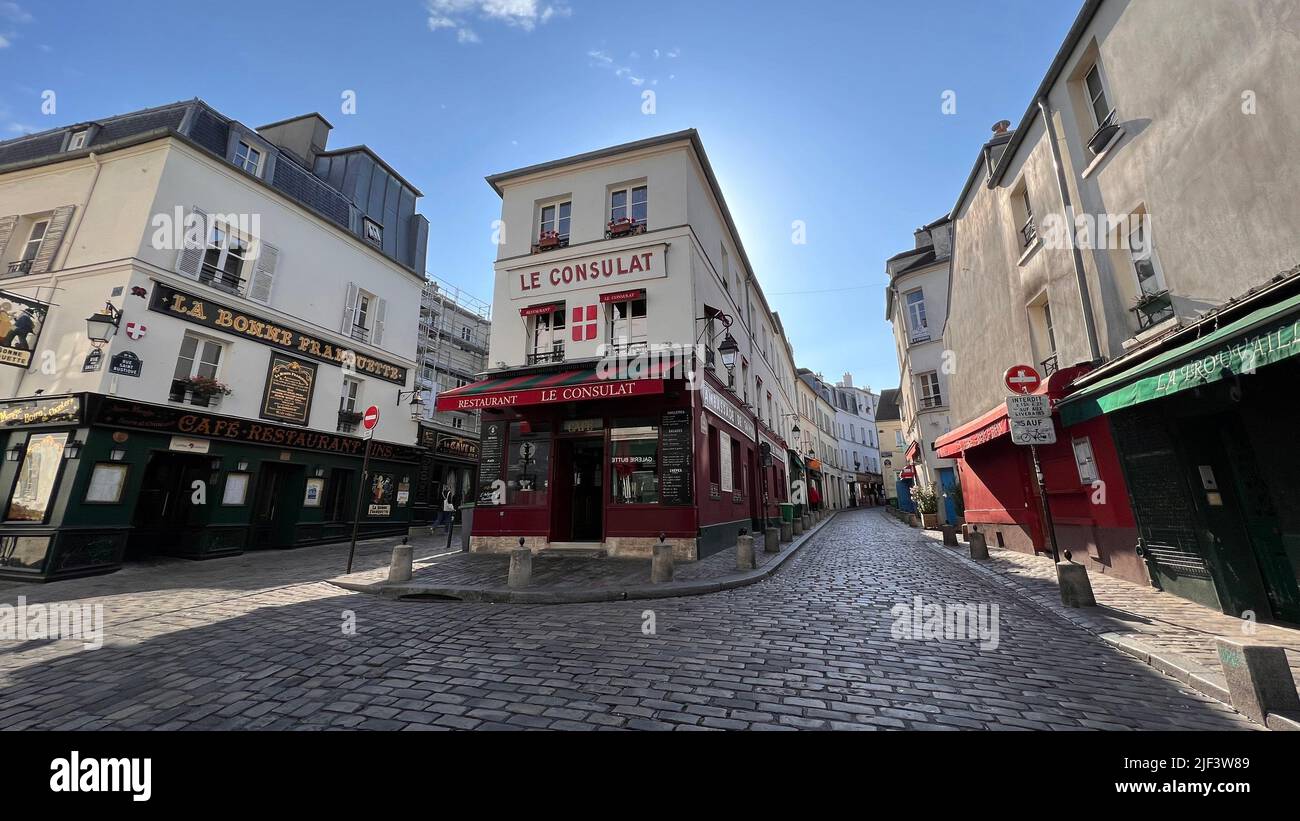 Corner of a narrow brick street in Montmartre Paris France Stock Photo