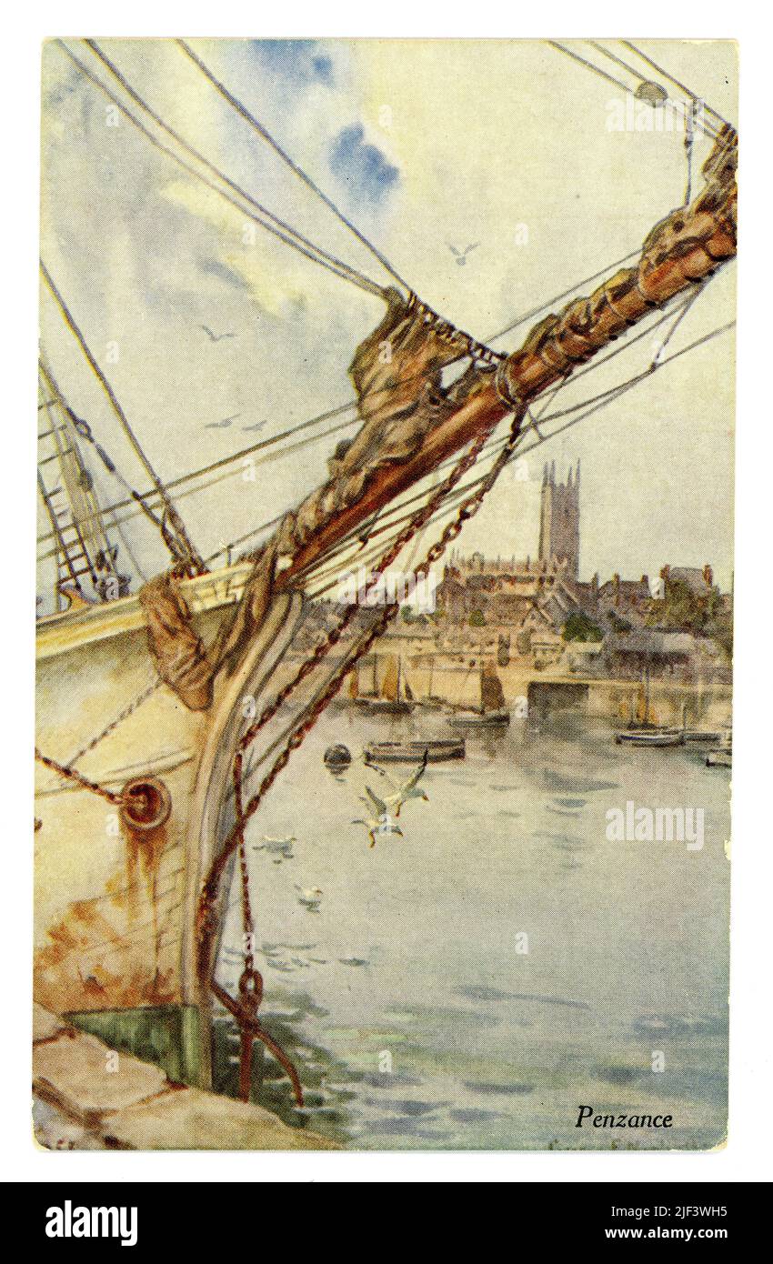 Original Illustrated postcard of sailing boat, fishing vessel, in Penzance harbour, quayside, illustrated by George Frederick Nicholls - from the book 'Cornwall' by and G.E. Mitton and G.F. Nicholls - published in 1915. Penzance, Cornwall U.K. Stock Photo