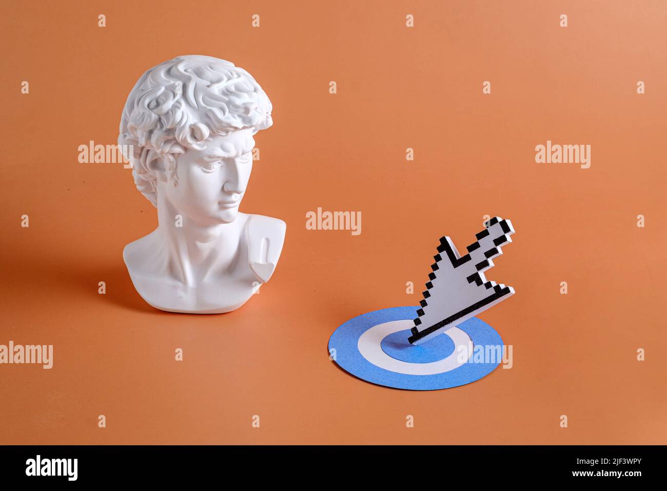 Sculpture head and bust of Michelangelo's David along with modern internet and web technologies pixel pointer cursor and target. Minimal vaporwave mar Stock Photo