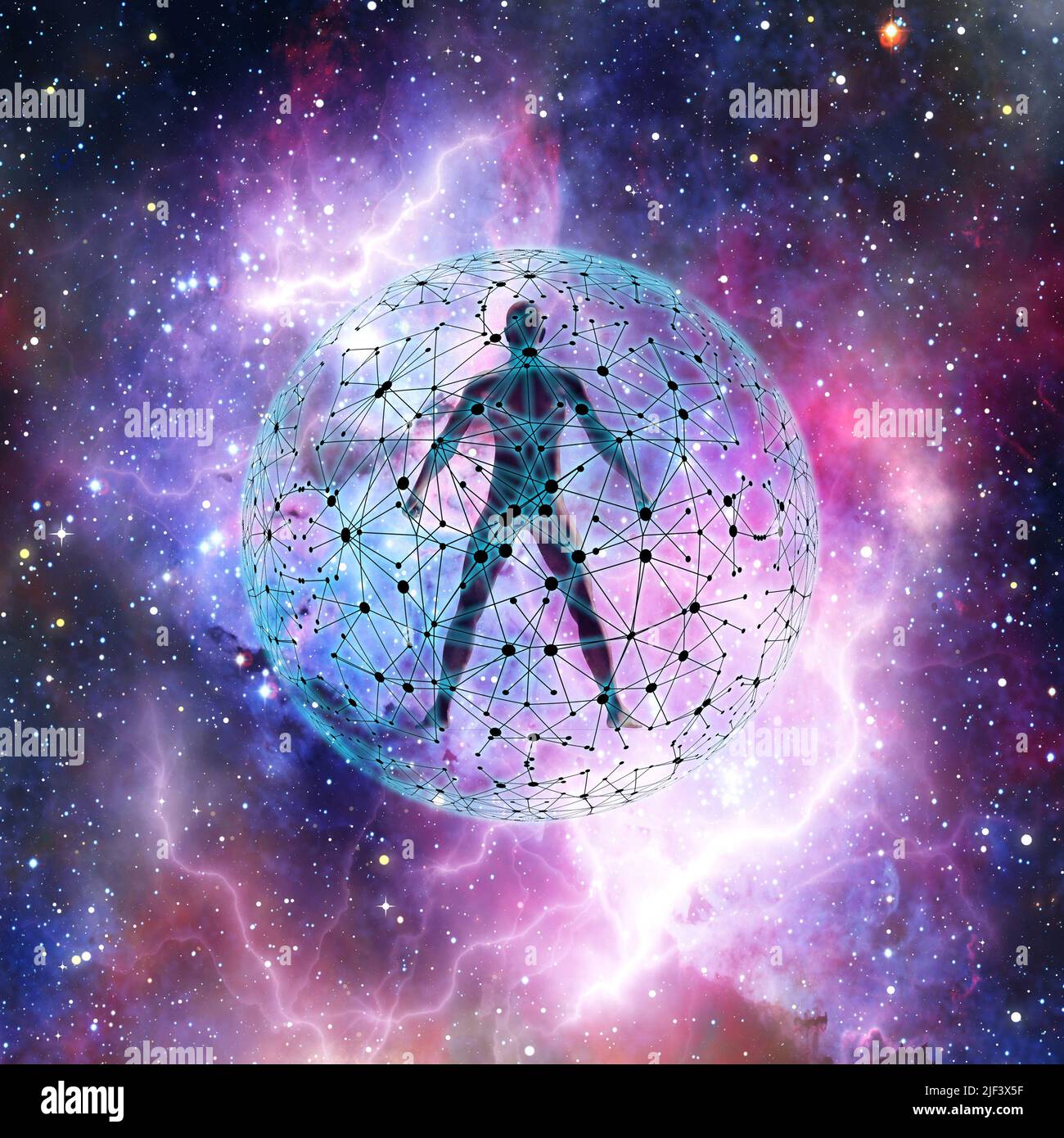 humanoid figure inside a sphere with nodes connected Stock Photo