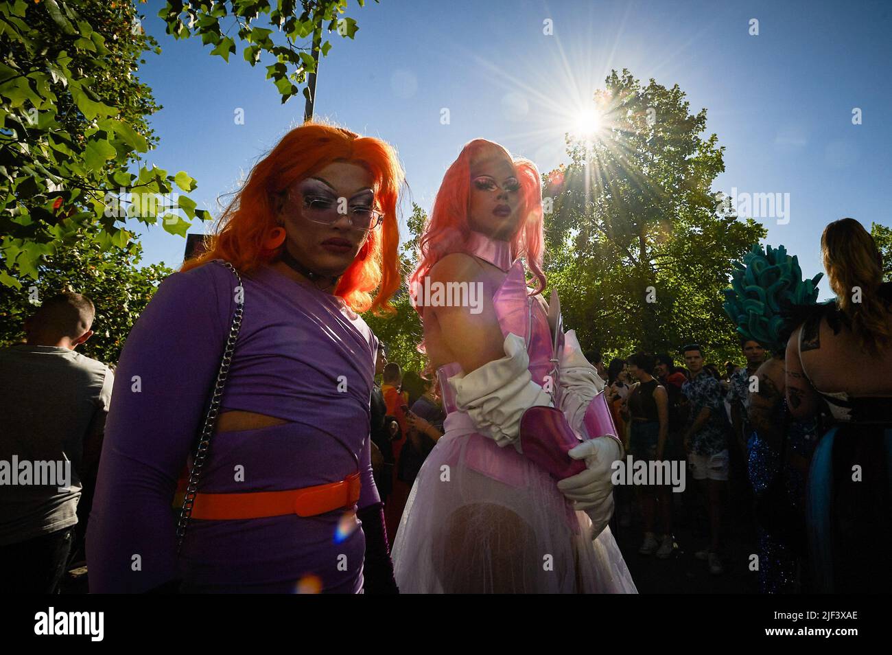 Pamplona, Spain. 28th June, 2022. Drag Queens seen in their costumes during the Gay Pride celebration. Hundreds of people demonstrated through the streets of Pamplona, on the occasion of the celebration of Gay Pride, drag queens, flags flowed on the streets in vindication of the rights of the LGTBQ   collective. (Photo by Elsa A Bravo/SOPA Images/Sipa USA) Credit: Sipa USA/Alamy Live News Stock Photo