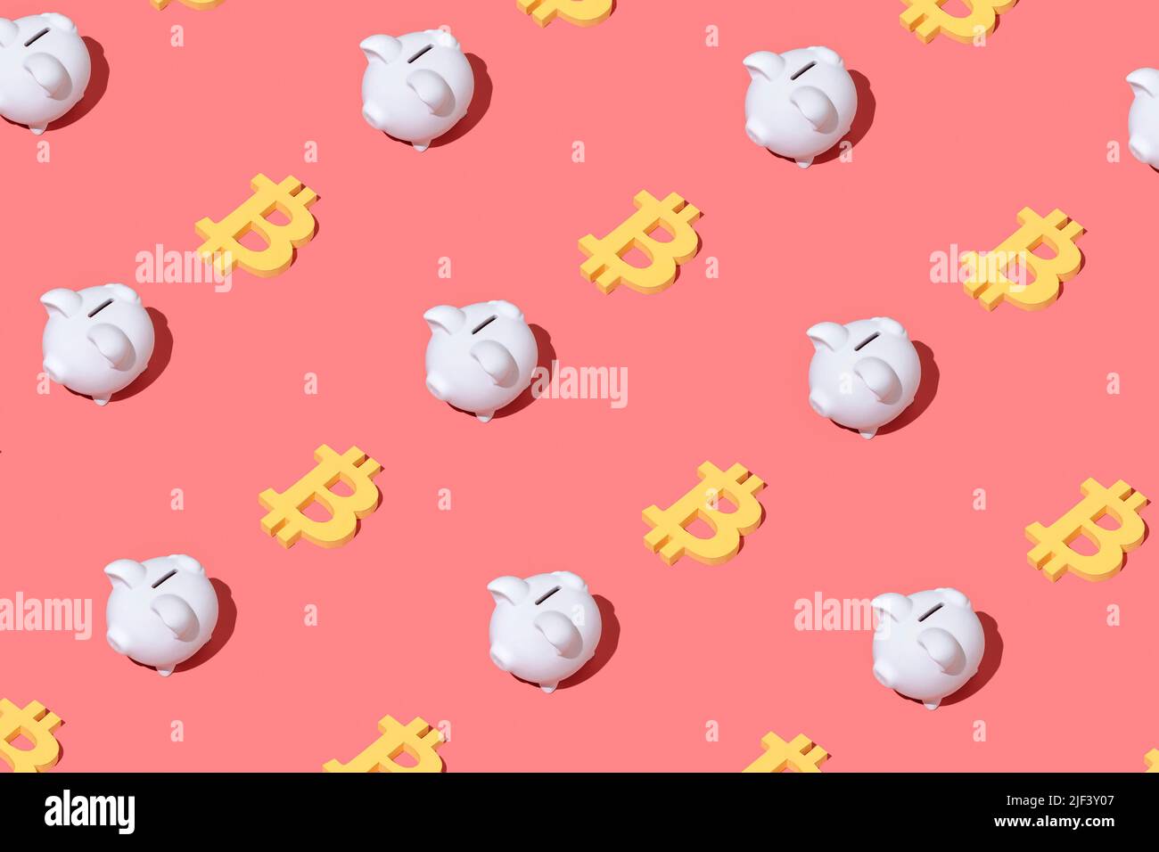 Piggy bank commercial pattern and bitcoin digital internet blockchain money and currency. Minimal investment and savings concept. Stock Photo