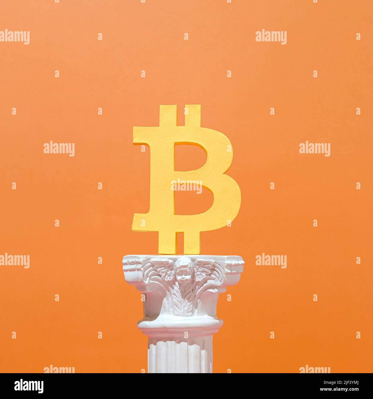 Bitcoin blockchain mining and cryptocurrency concept with antique historical classic column as podium and pedestal. Stock Photo