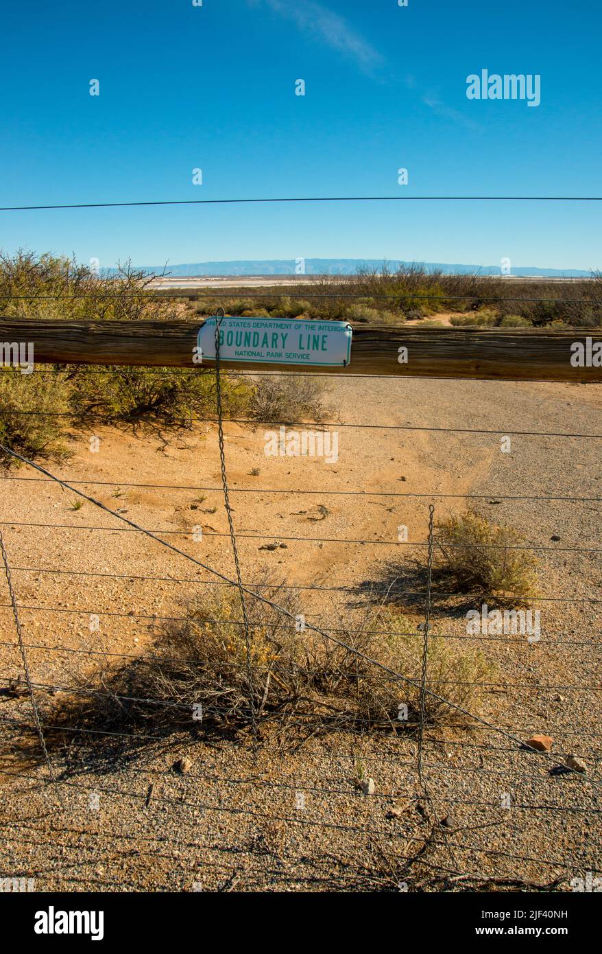 USA, NEW MEXICO - NOVEMBER 23, 2019: 'Boundary Line' sign on an old park fence in New Mexico Stock Photo