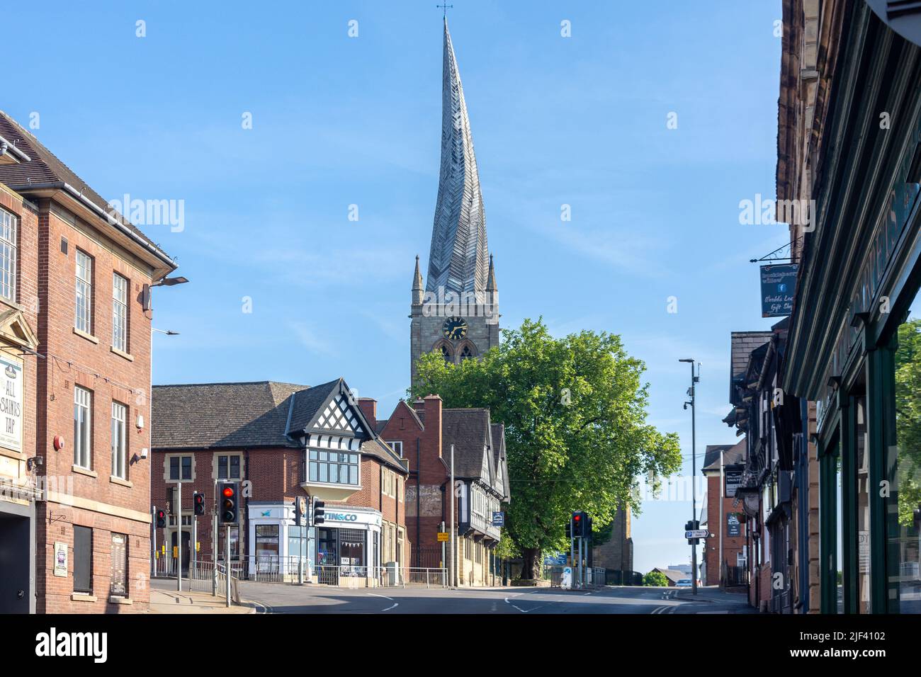 Church of Our Lady and All Saints from St Mary's Gate, Chesterfield, Derbyshire, England, United Kingdom Stock Photo