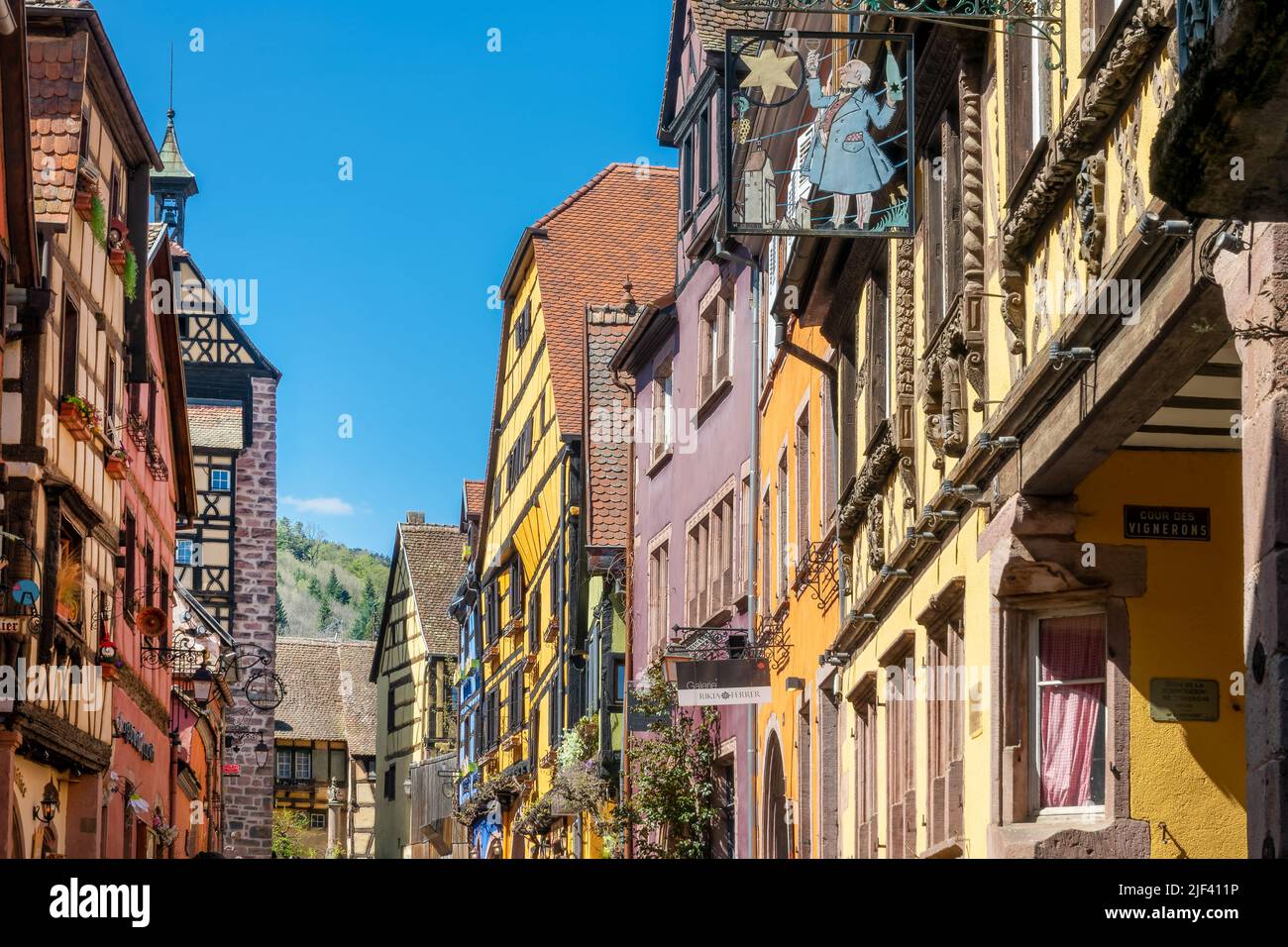 Colorful alsatian houses in the touristic village of Riquewihr in Alsace region, France Stock Photo