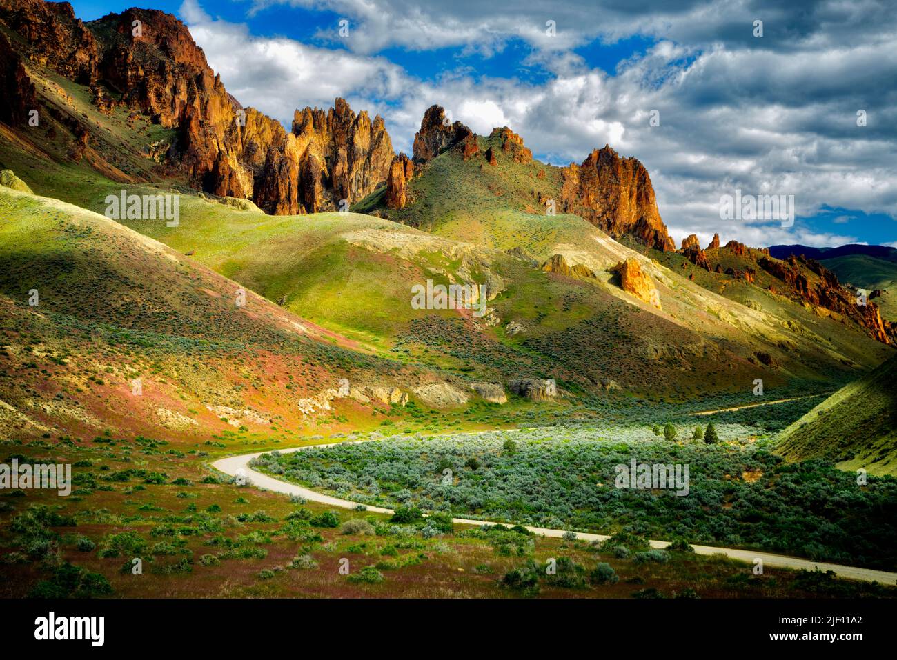 Road and rock formations in Leslie Gultch, Malhuer County, Oregon Stock Photo