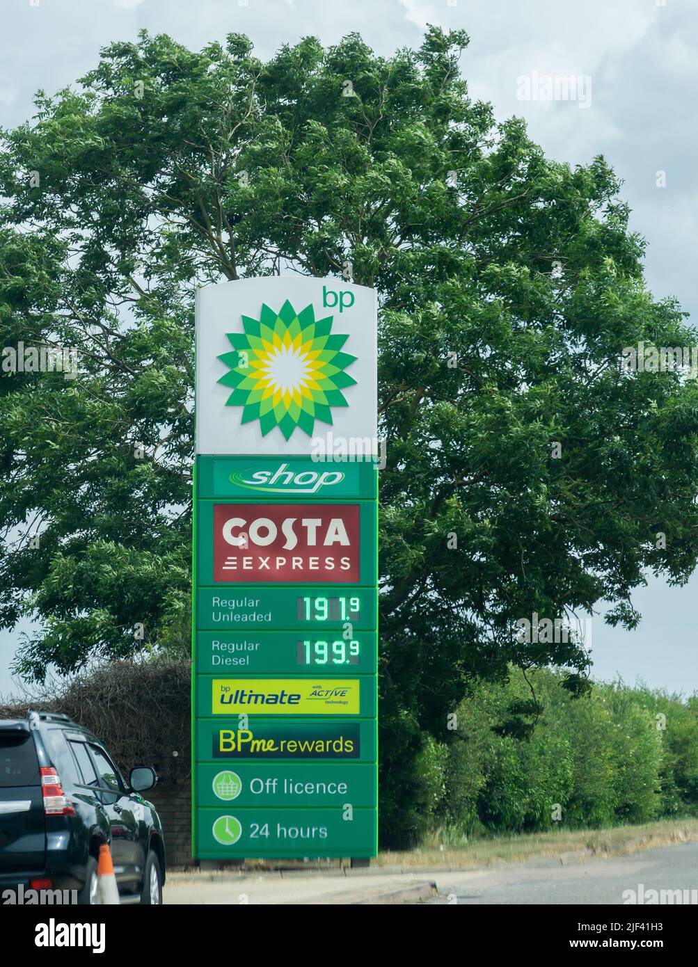 A BP Petrol Station sign showing the high fuel prices in the UK Stock Photo