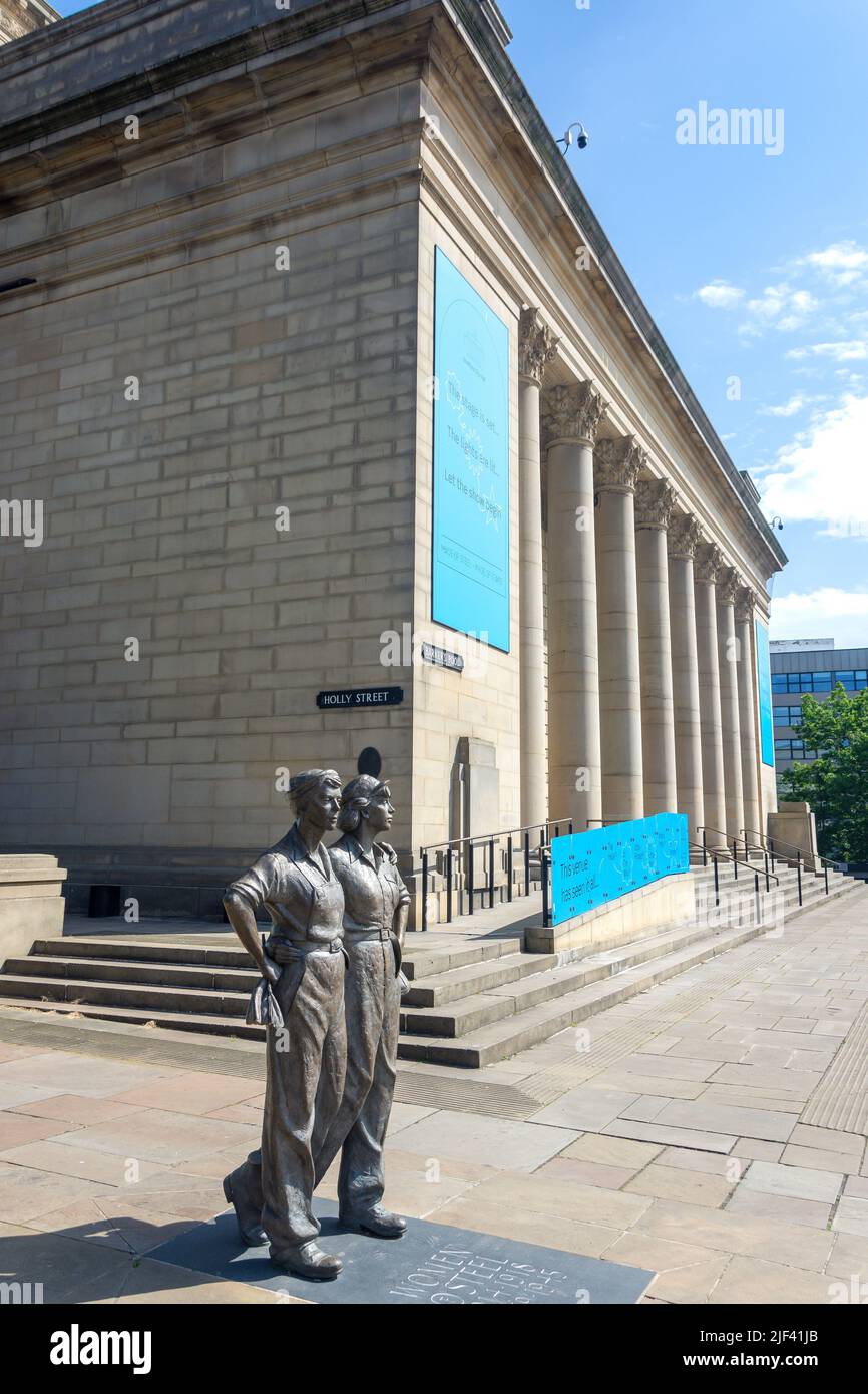 Statues In Sheffield 'Women of Steel' statue and Sheffield City Hall, Barker's Pool ...