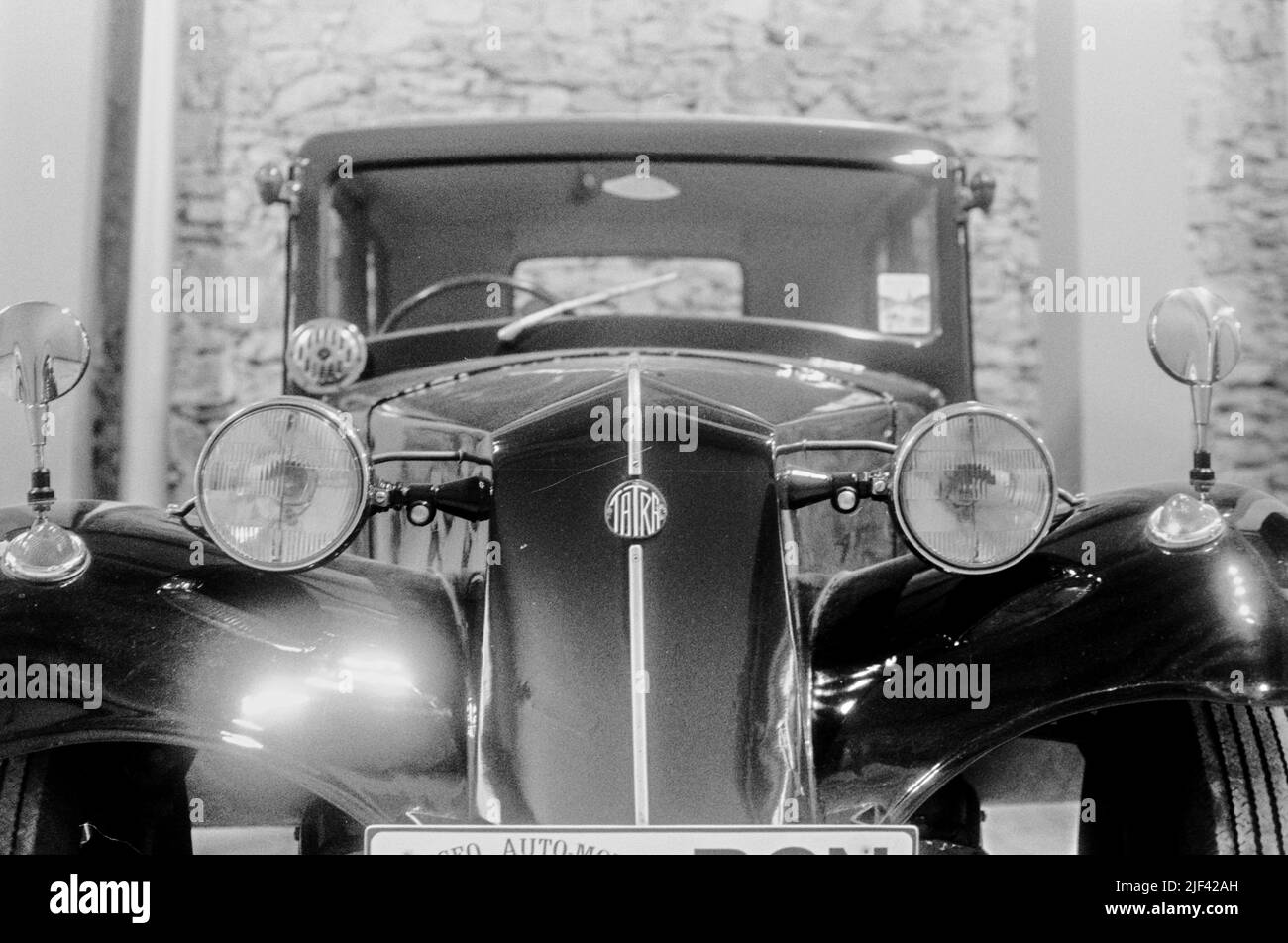 Historical soviet car parked in the museum, bicolor red and black. Tatra T-11 Stock Photo