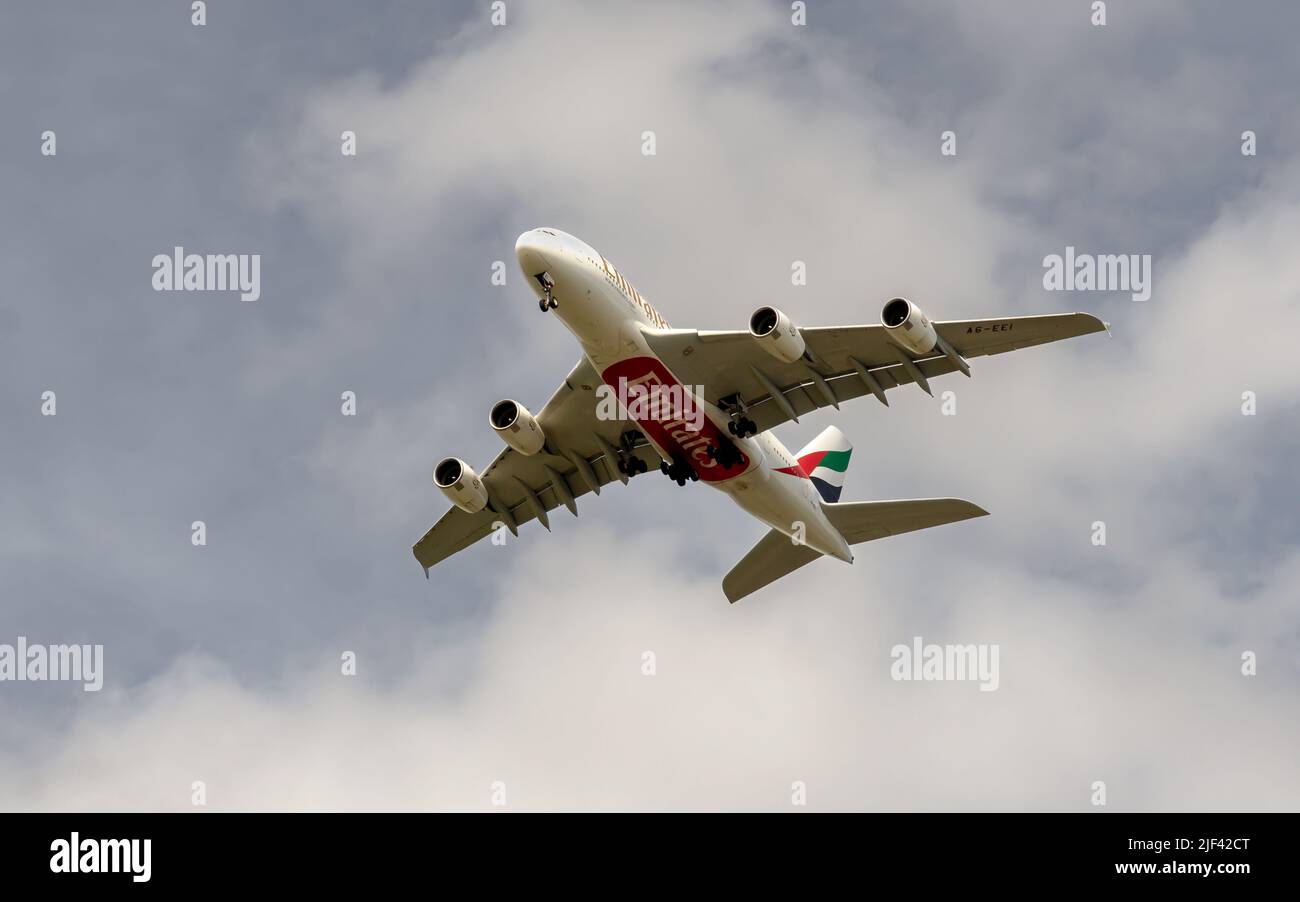 An Emirates Airbus A380 landing at London Heathrow Stock Photo