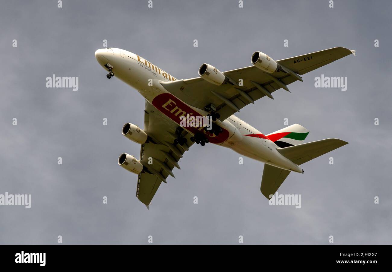 An Emirates Airbus A380 landing at London Heathrow Stock Photo