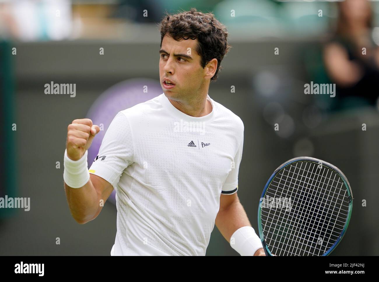 Jaume Munar reacts during his match against Cameron Norrie on day three of the 2022 Wimbledon Championships at the All England Lawn Tennis and Croquet Club, Wimbledon. Picture date: Wednesday June 29, 2022. Stock Photo