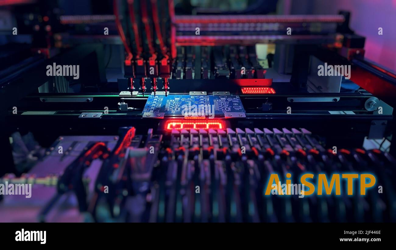 Digital technologies for automation of industry. Red neon lights ...