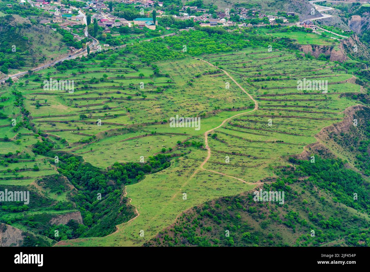 aerial view of a mountain valley with gardens and pastures next to a ...