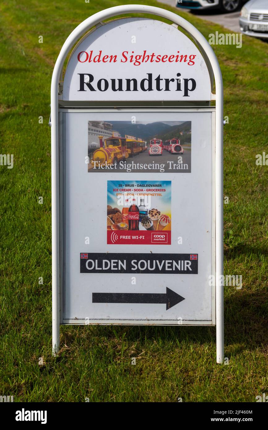 Advertising sign for Olden Roundtrip sightseeing and souvenirs Stock Photo