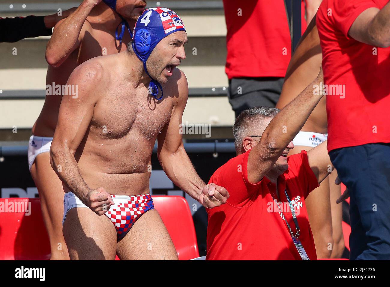 BUDAPEST, HUNGARY - JUNE 29: Ivan Krapic of Croatia during the FINA World Championships Budapest 2022 match Serbia v Croatia at Alfred Hajos Swimming Complex on June 29, 2022 in Budapest, Hungary (Photo by Albert ten Hove/Orange Pictures) Stock Photo