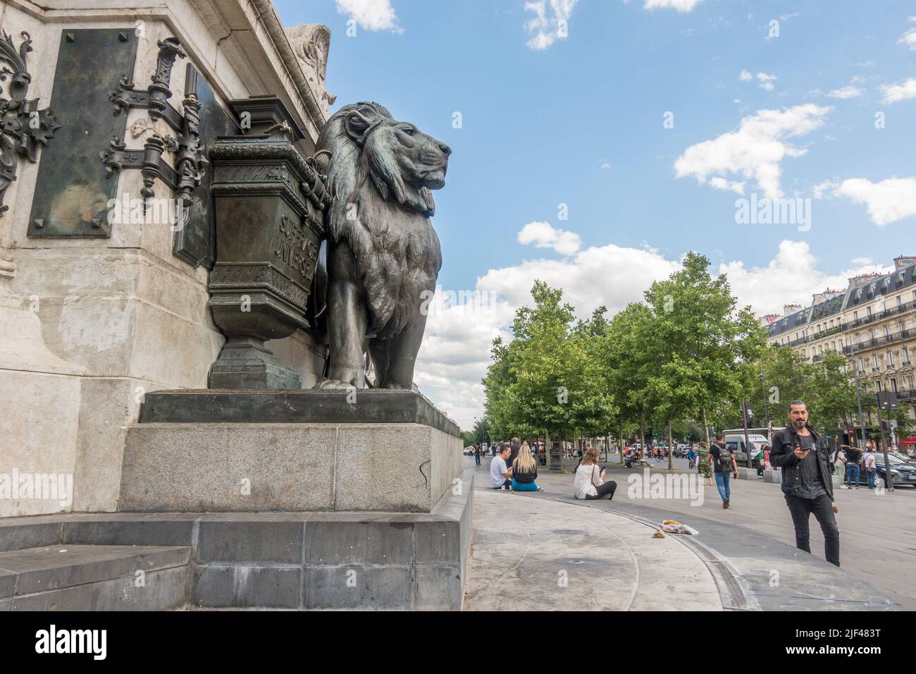 Lion statue part of Statue of Marianne, place de la république, Monument à la République,  Republic Square, Paris, France. Stock Photo