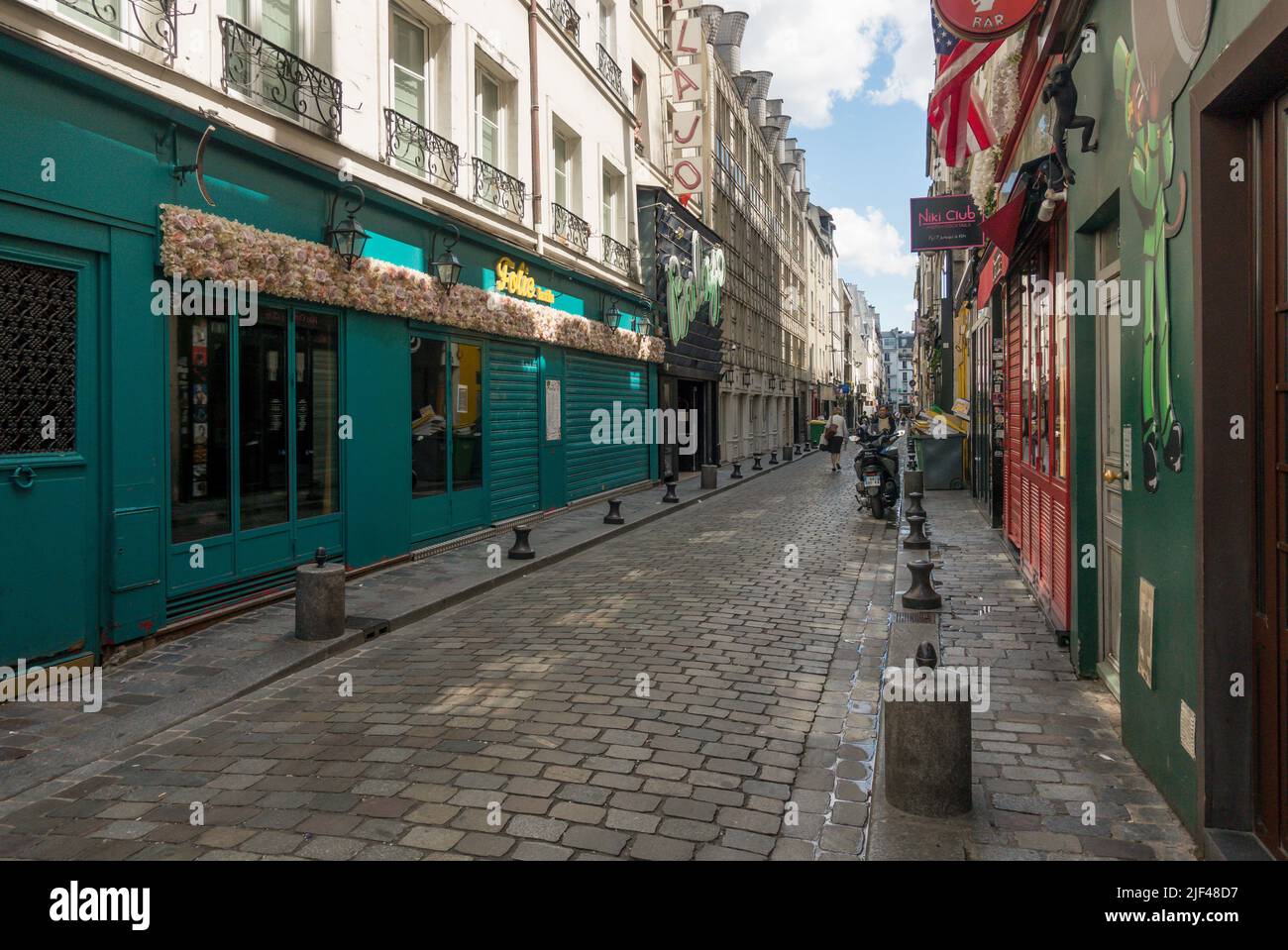 Rue de Lappe, street in afternoon, busy night spot, Bastille, Paris, France. Stock Photo