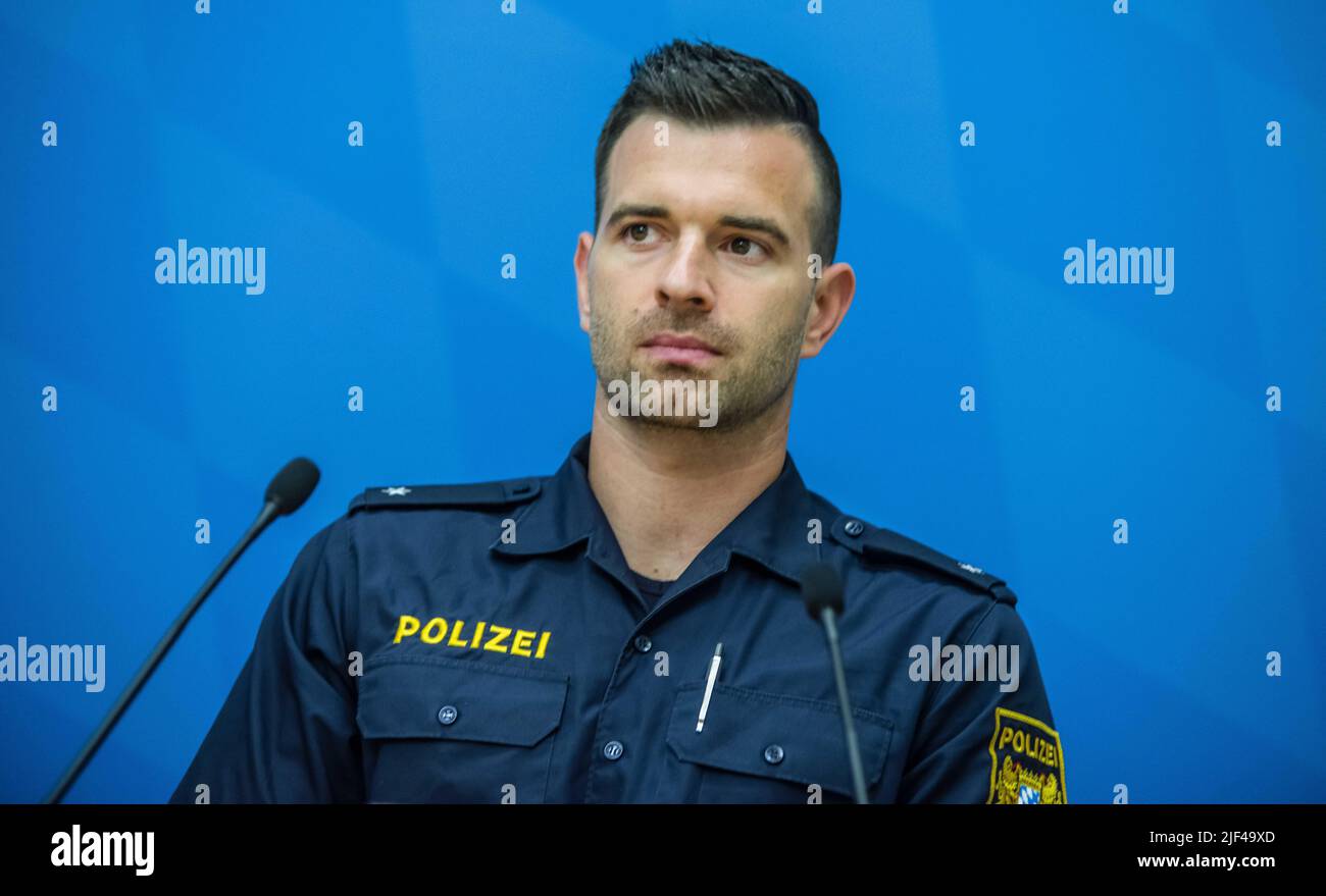 Munich, Bavaria, Germany. 29th June, 2022. Police officer Florian Johannes recounted his experience with violence where his jaw was broken by a suspect. Johannes still feels the scar tissue from the injuries. The Bavarian Justice Minister Georg Eisenreich alongside the Interior Minister Joachim Herrmann presented reports on violence against police officers in Bavaria. (Credit Image: © Sachelle Babbar/ZUMA Press Wire) Stock Photo