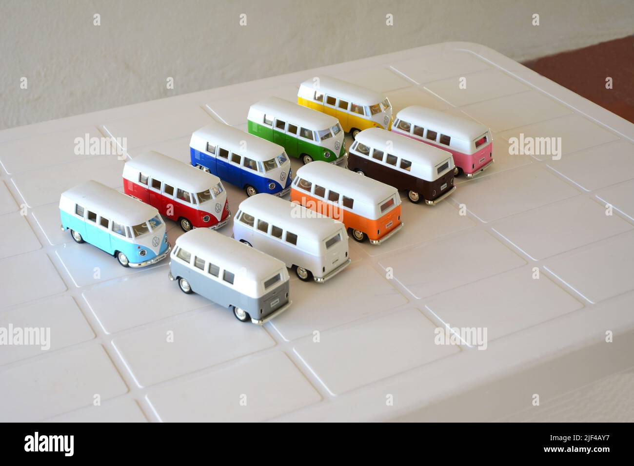 Diecast, Miniature Van, various colors, Brazil, South America, top view, selective focus, white background, white base, panoramic, copy space Stock Photo