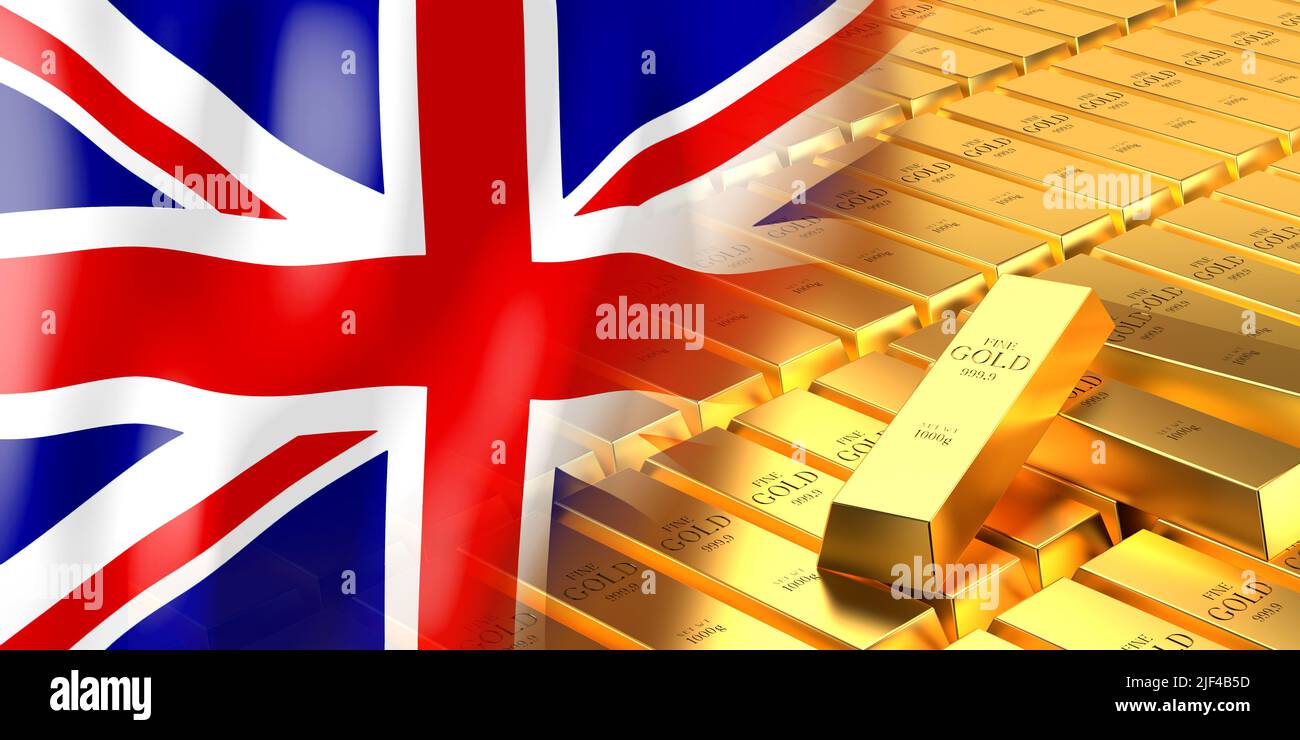 United Kingdom flag and gold ingots - 3D illustration Stock Photo