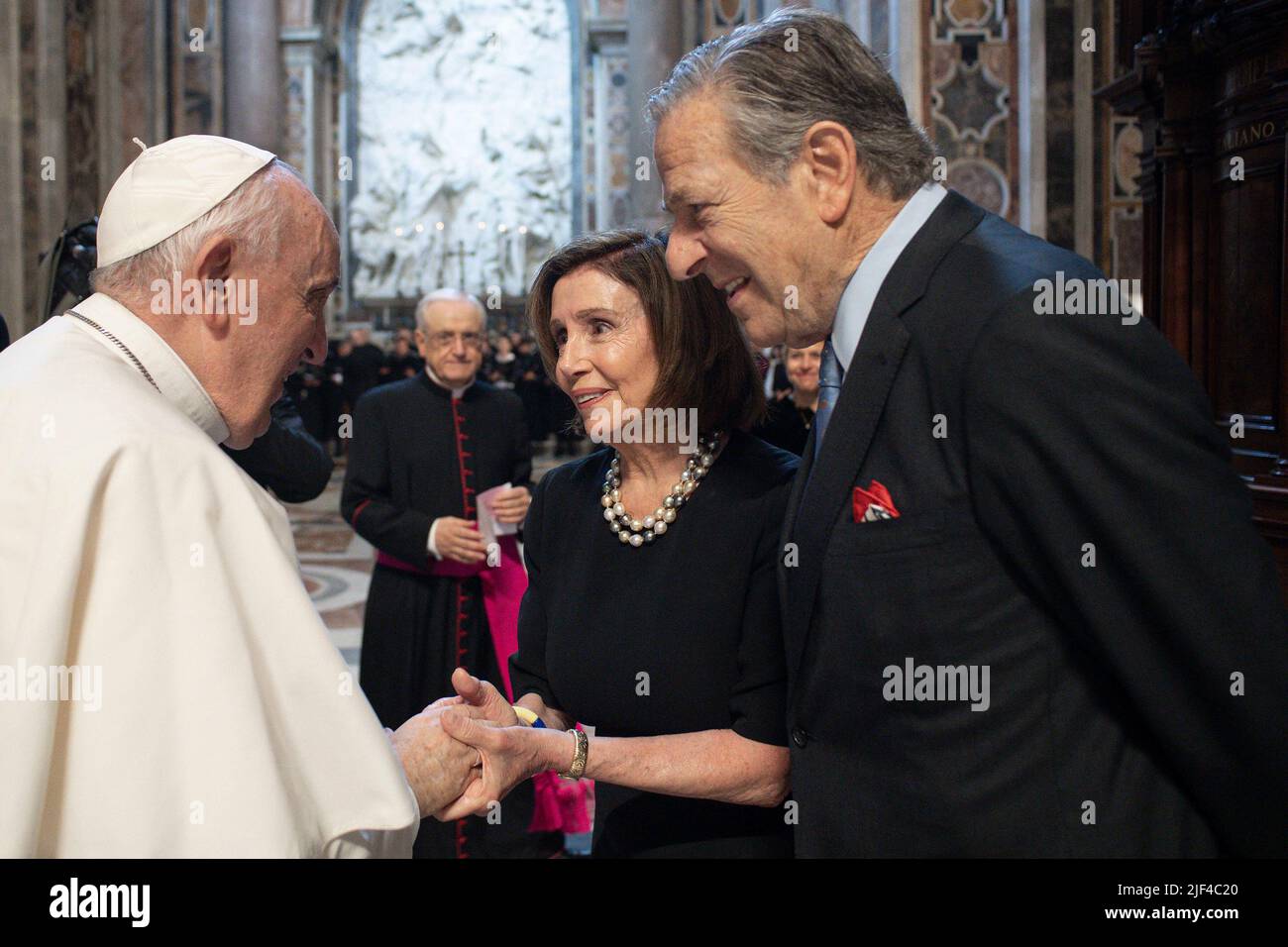 Vatican City, Vatican. 29 June 2022. Pope Francis greeting US House of Representatives Speaker, Nancy Pelosi  and her husband, before celebrating a Mass on the Solemnity of Saints Peter and Paul, in Saint Peter's Basilica.. (Photo by Vatican Media). Credit: Vatican Media/Picciarella/Alamy Live News Stock Photo