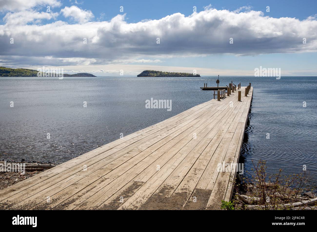 Boat landing, wharf, and dock at the Grand Portage National Monument historic site on the North Shore of Lake Superior, Minnesota, United States Stock Photo