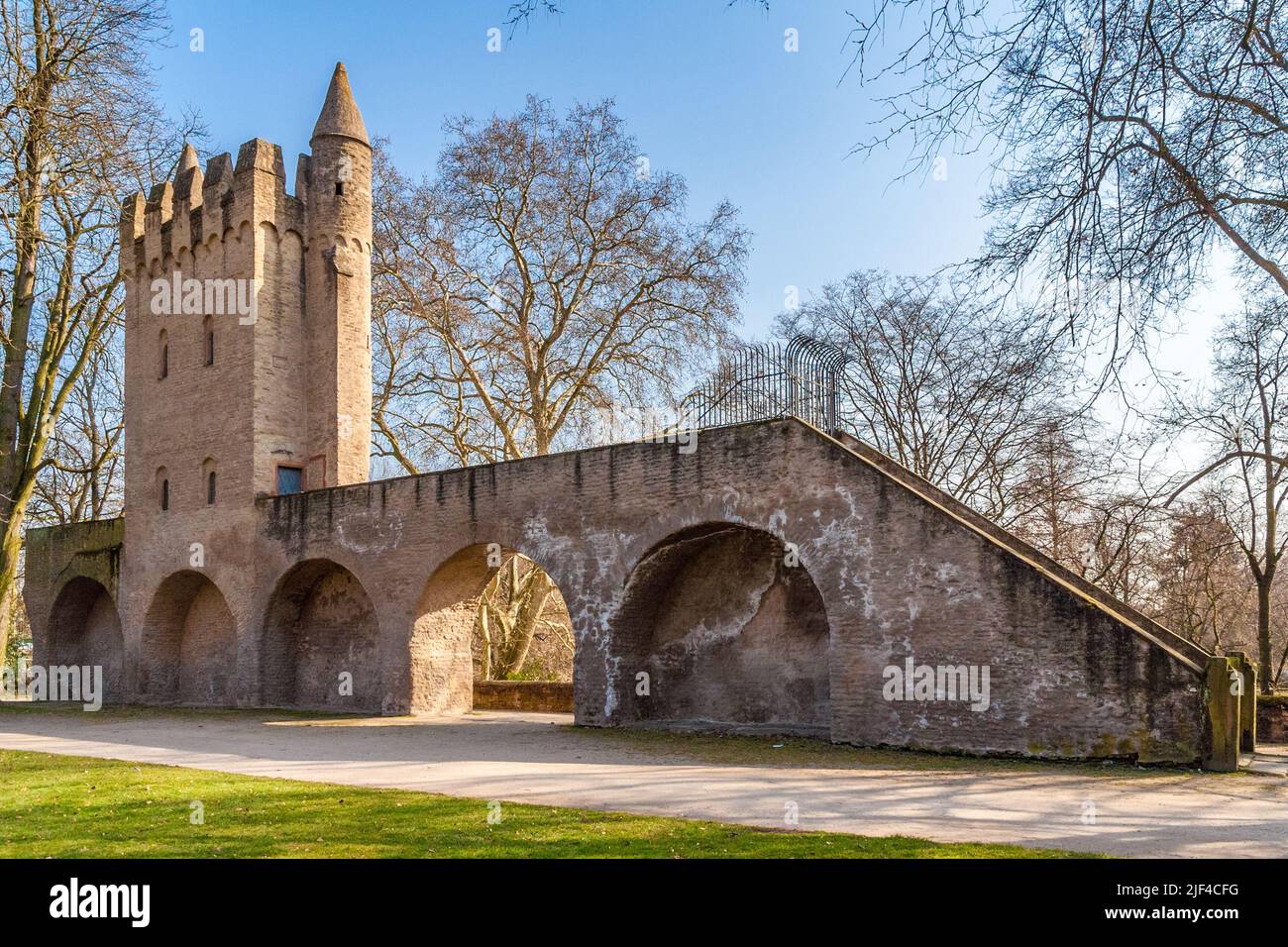 Lovely view of the Heidentürmchen, a remainder of the medieval town fortifications located in the eastern cathedral garden of Speyer, Germany. The... Stock Photo
