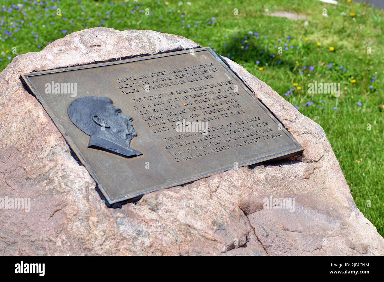 Tampico, Illinois, USA. Plaque within a rock  commemorating the birthplace of Ronald Reagan, the 40th President of the United States. Stock Photo