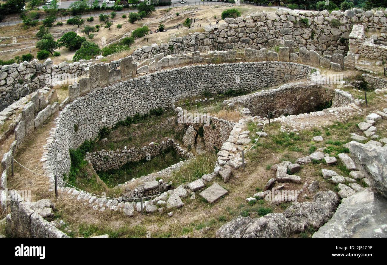 One of the most precious treasures of ancient Greece, hidden in the heart of the Peloponnese peninsula, is the city of Mycenae, a UNESCO Site. Stock Photo