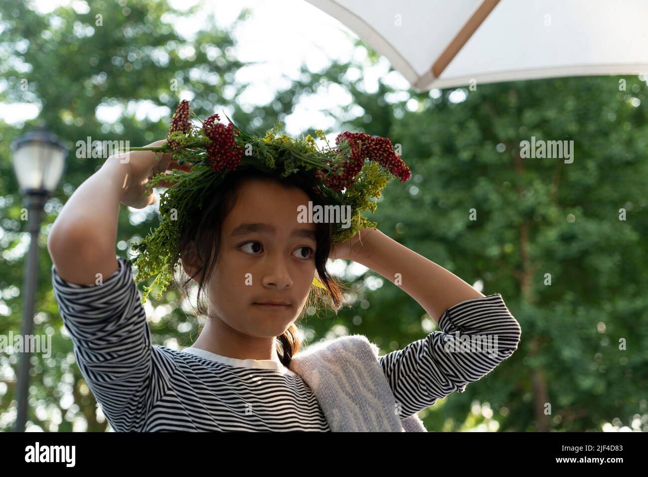 Since 1996, thousands of people have come to Battery Park City's Wagner Park for the Swedish Midsummer Festival, the largest such celebration in New Y Stock Photo