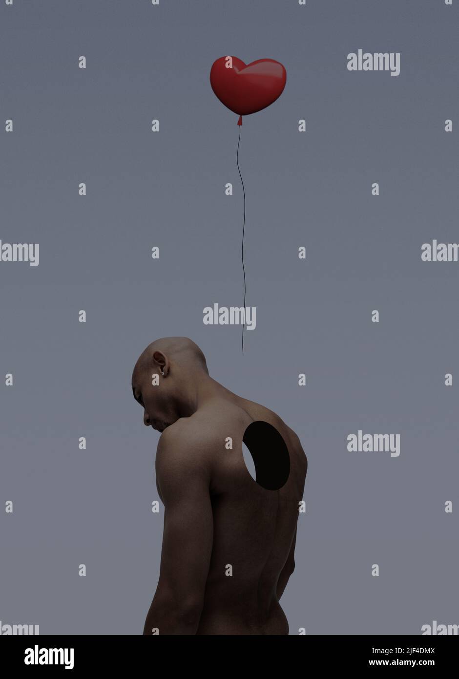 Contemporary art collage. Conceptual image with young boy having hole ...